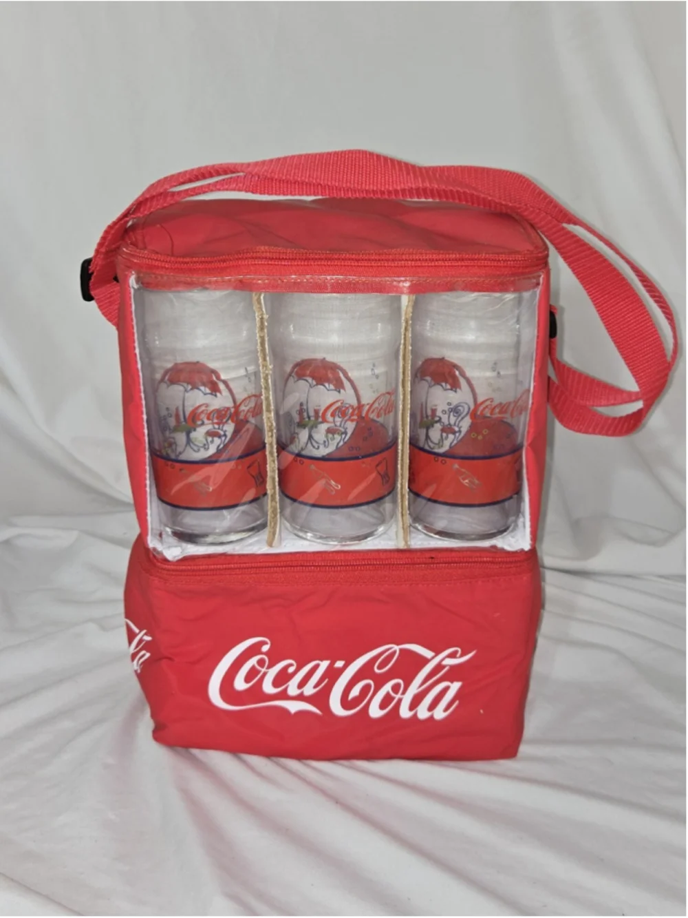Coca Cola Insulated Tote Cooler Bag Six Pack w/ 6 Coke Anchor Hocking Glasses